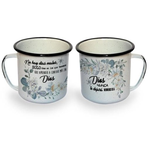 Taza Peltre Biblicos modelo Dios Nunca Te Dejará Blanco